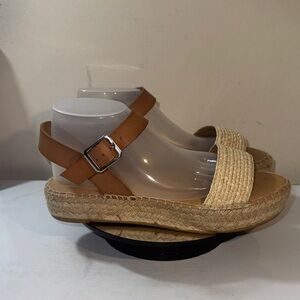 Paseart Tan Espadrille Platform Sandals with Leather Ankle Strap - Size 6.5